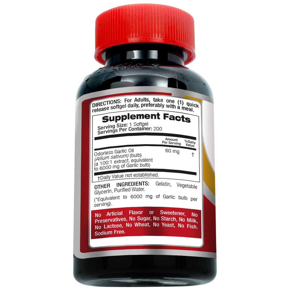 Label showing 60 mg 100:1 extract from Odorless Garlic Oil