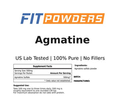 Nutrition label close-up on Agmatine Sulfate Powder 100g
