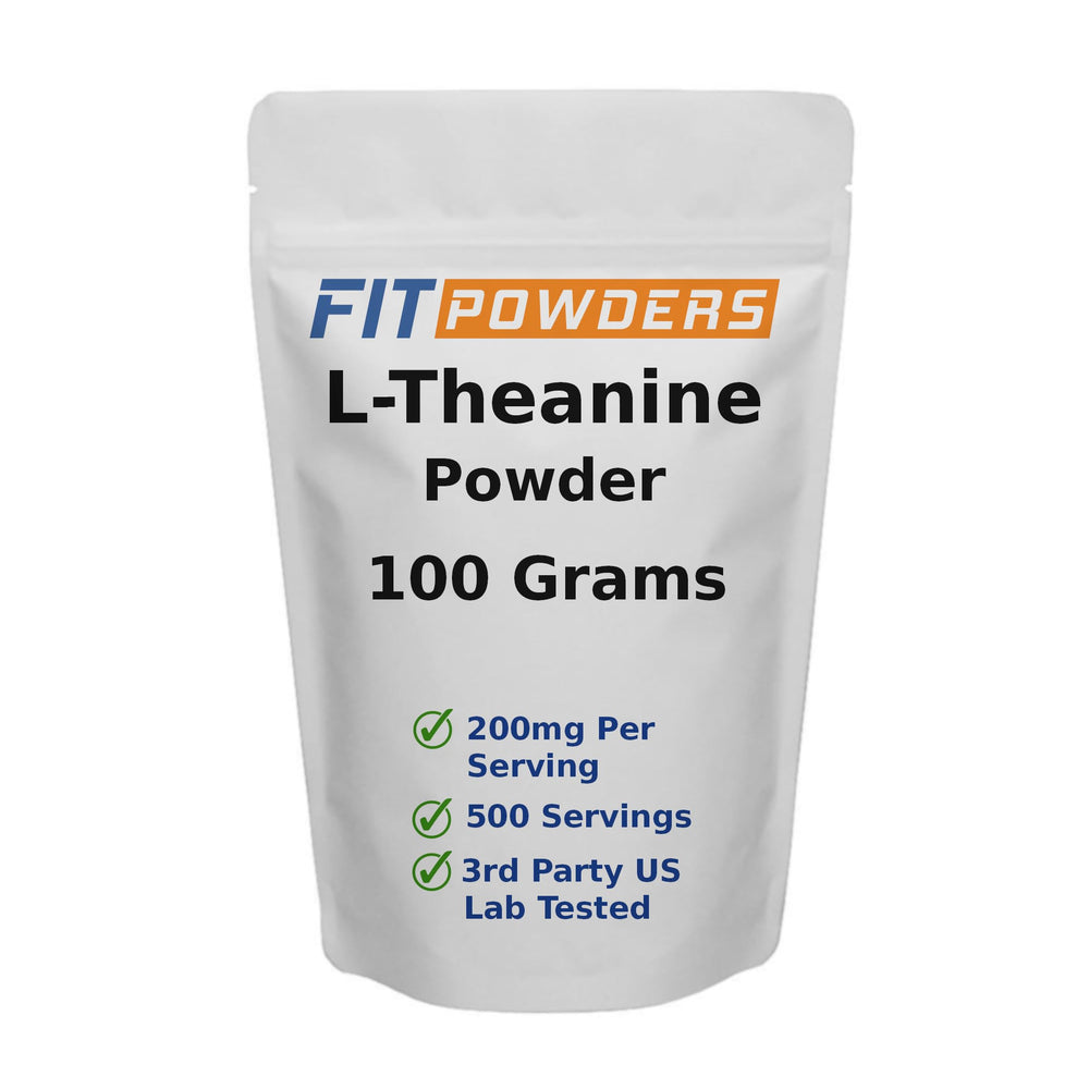 Front view of FitPowders L-Theanine Powder 100g container
