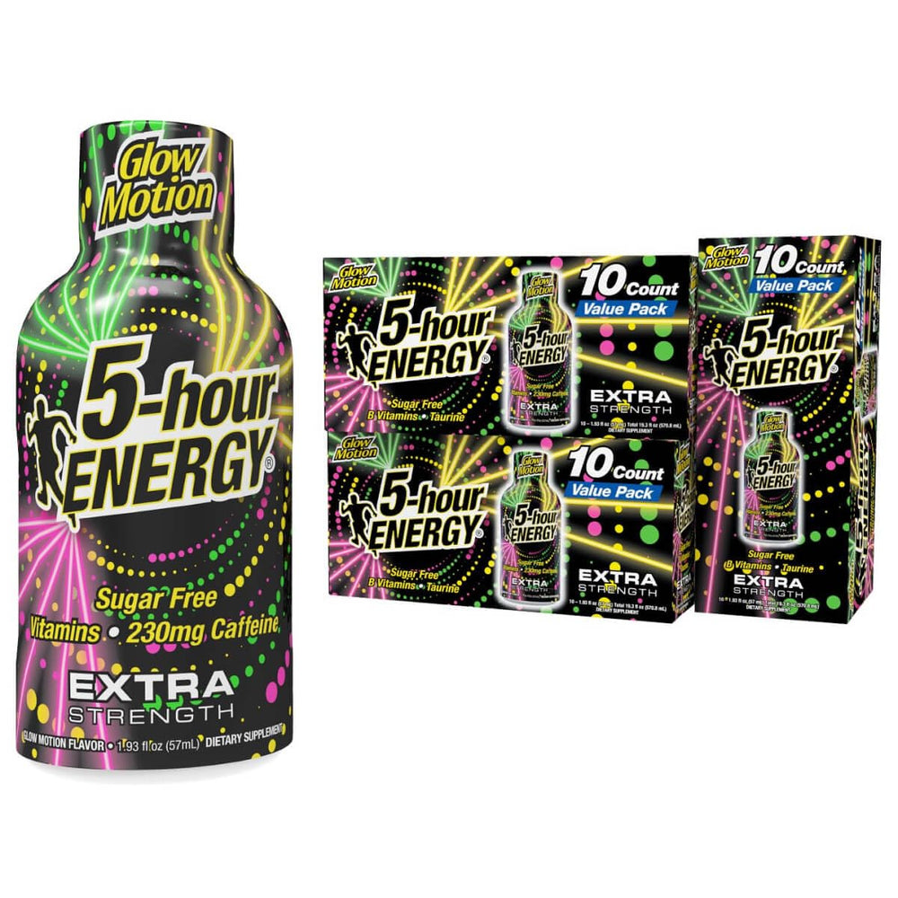 5-hour ENERGY extra-strength Glow Motion bottle front for on-the-go energy.