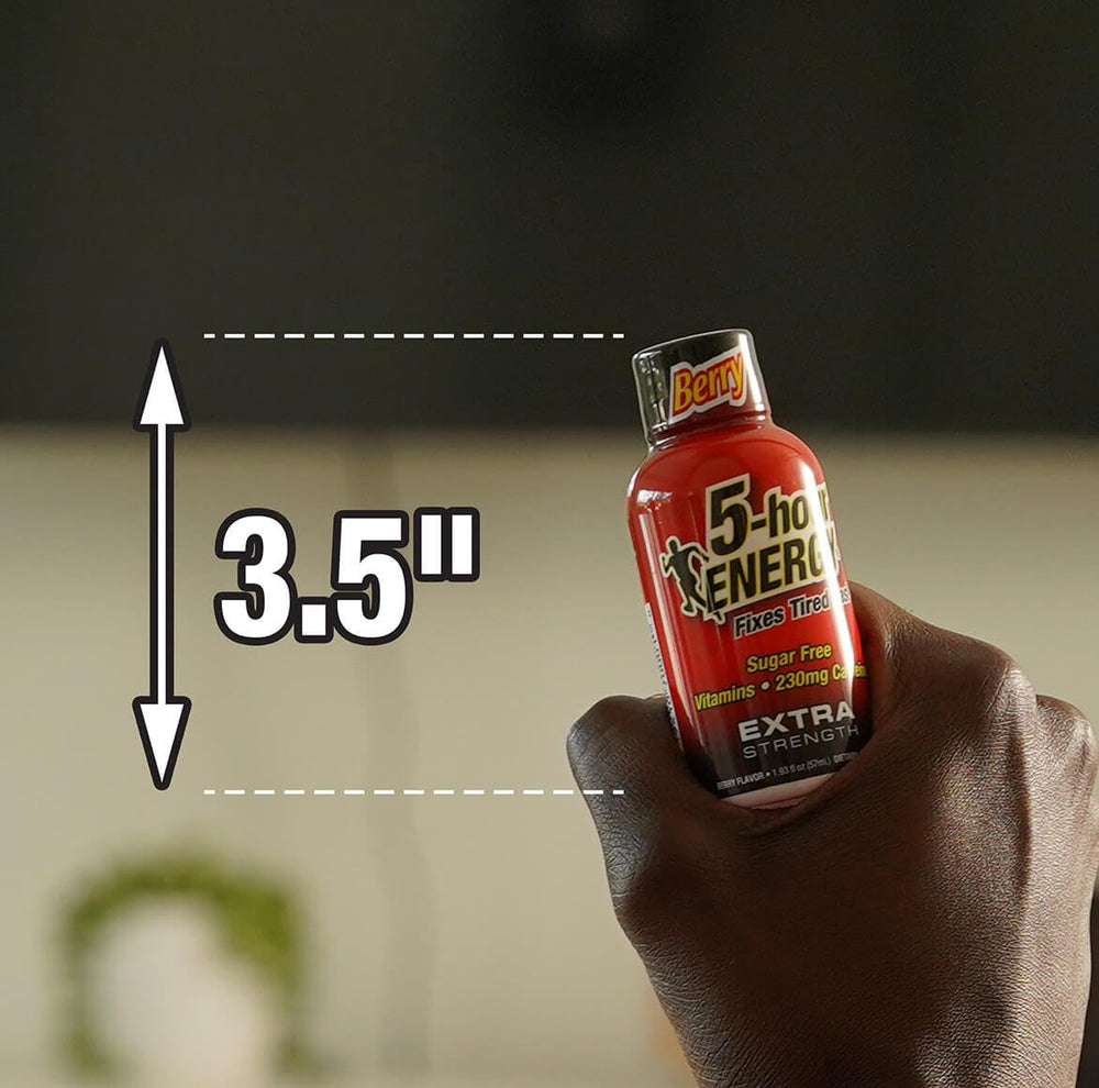 Five-hour ENERGY Shot pouring into glass highlights quick fueling in seconds.