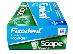 Concept image of airtight seal for dentures with Fixodent powder.