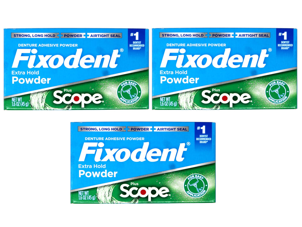 Fixodent Extra Strong Denture Adhesive Powder with Scope flavor in pack of three.
