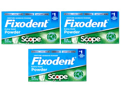Fixodent Extra Strong Denture Adhesive Powder with Scope flavor in pack of three.