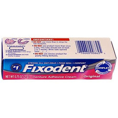 Retail packaging showing Fixodent Original 0.75 oz pack of 6