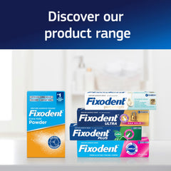 Flat lay of Fixodent Original pack of five tubes on neutral background
