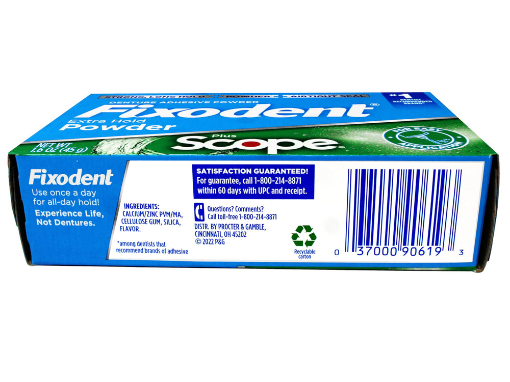 Pack of three 1.6 oz Fixodent powder containers for denture care.