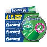 Four 2.0oz Fixodent Plus Scope denture adhesive tubes in a pack