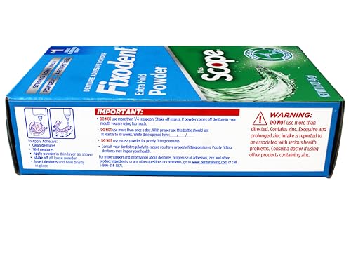 Application of Fixodent powder to dentures showing precise use.