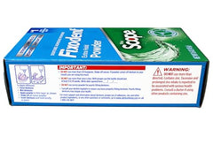 Application of Fixodent powder to dentures showing precise use.