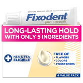 Pack of four 2.4oz Fixodent Pure Strength denture adhesive tubes, front view.