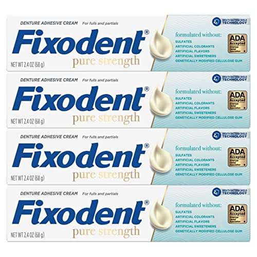 Partial denture wearer applying Fixodent Pure Strength adhesive.