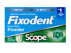 Close-up of minty Scope flavor notes on Fixodent powder packaging.