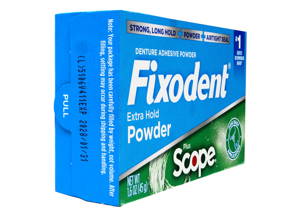 Illustration of long-lasting, strong hold for dentures with Fixodent powder.