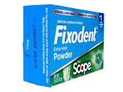 Illustration of long-lasting, strong hold for dentures with Fixodent powder.