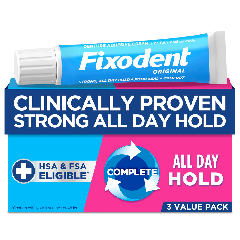 Front view of Fixodent Complete Original Denture Adhesive Cream 2.4 oz 3-pack packaging