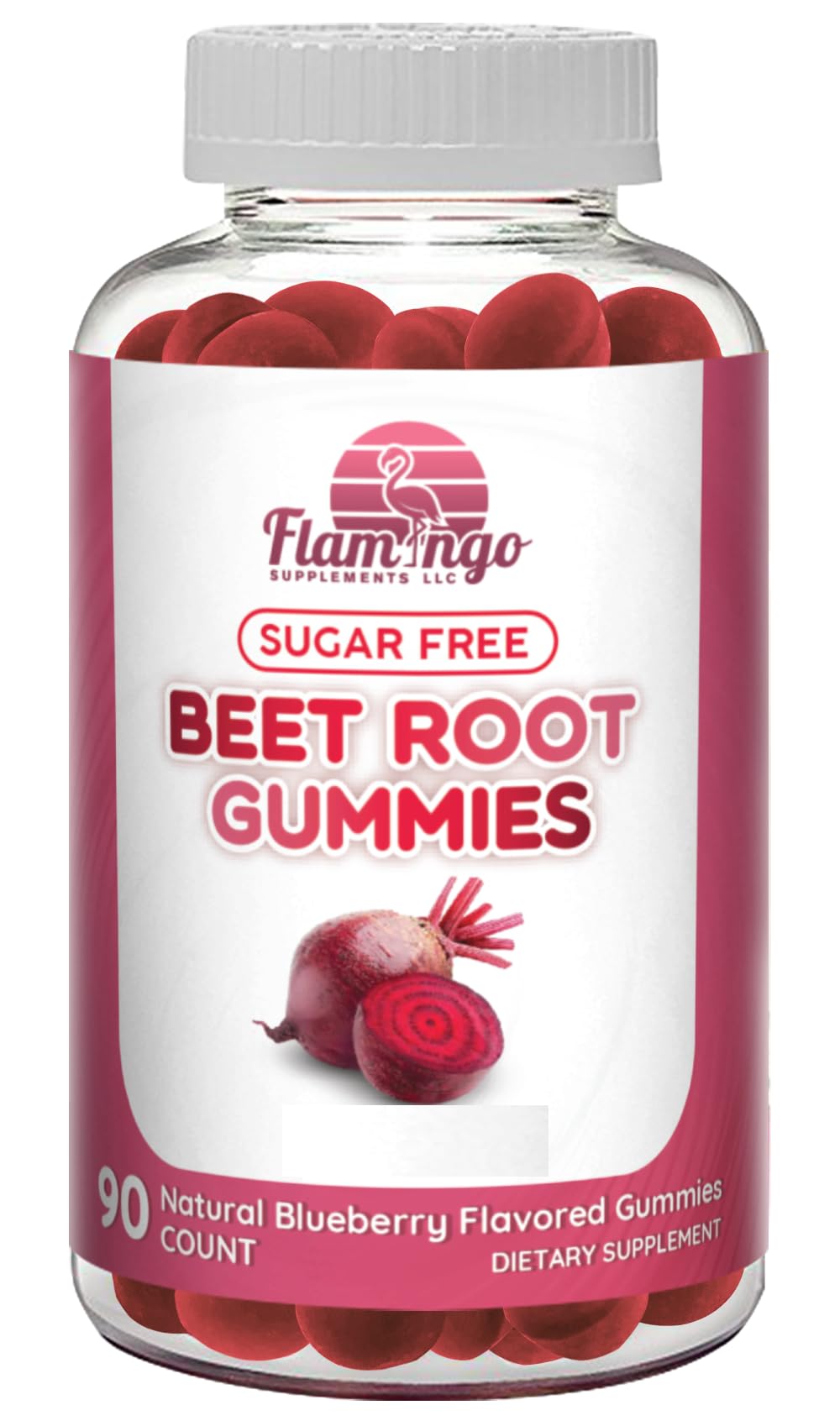 Flamingo Supplements Sugar Free Nitric Oxide Beet Root Gummies bottle and packaging