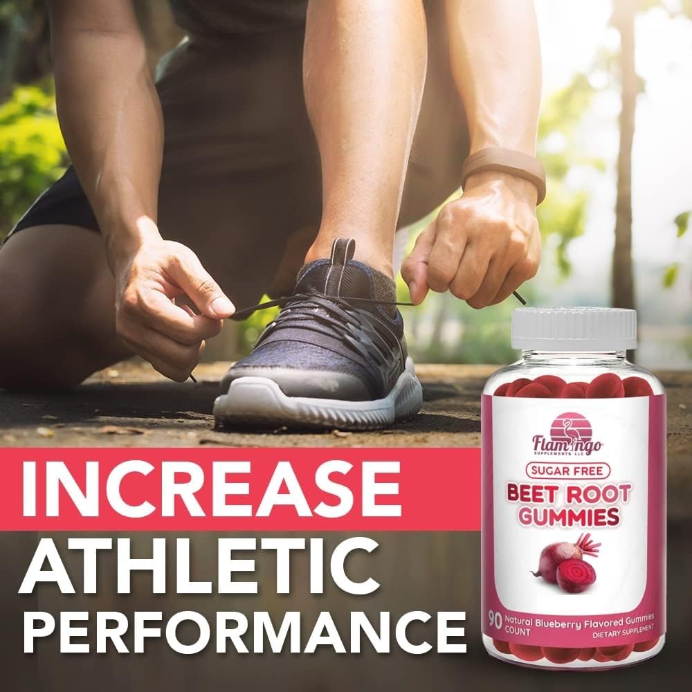 Back view of Flamingo Beet Root Gummies bottle on gym bench