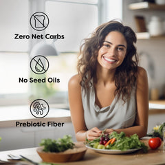 Label indicating no cane sugar and no seed oils