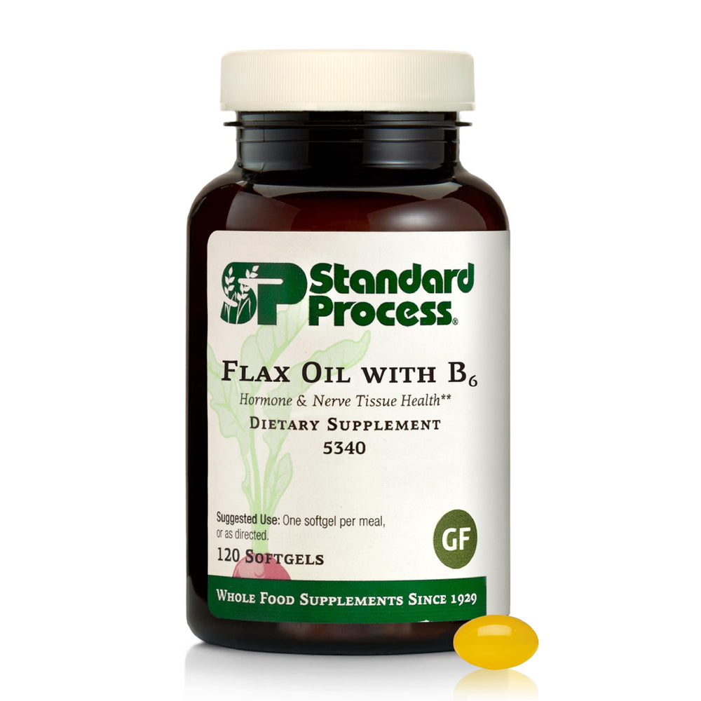 Flax Oil with B6 supplement bottle front showing 120 softgels