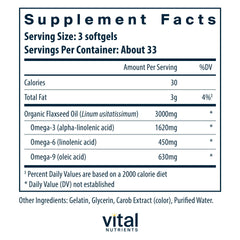 Bottle label showing 3000mg flax seed oil and non-GMO claim