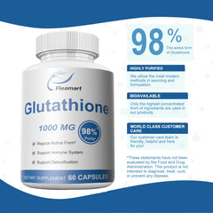 Fleamart Glutathione label detail shows fermentation-derived formula and high purity