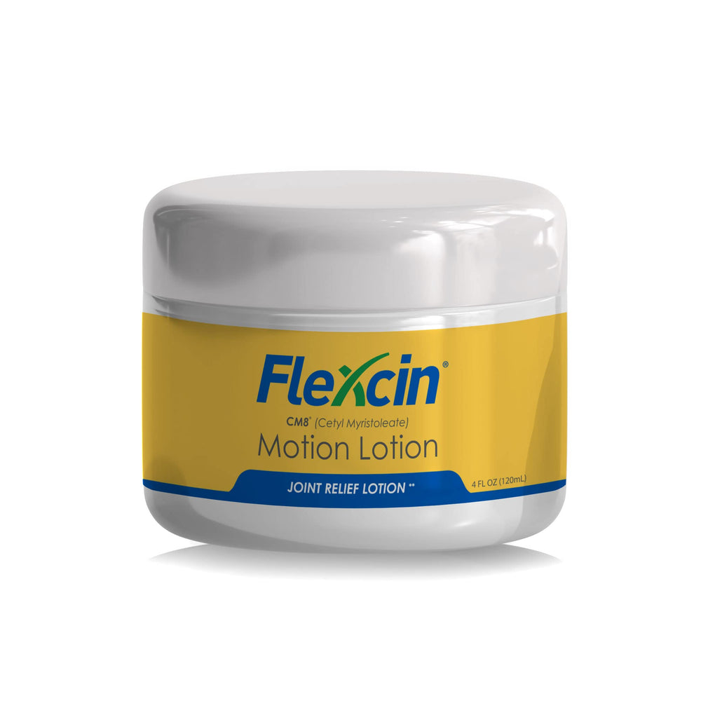 Close-up of Flexcin CM8 Motion Lotion 4 oz jar label