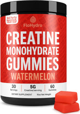 FloHydro Creatine Gummies bottle with label emphasizing 5g per serving