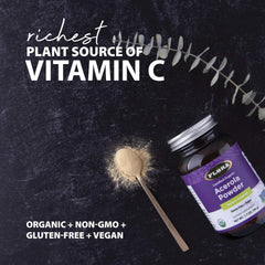 Nutrition label showing gluten-free and vegan on Flora Acerola Powder