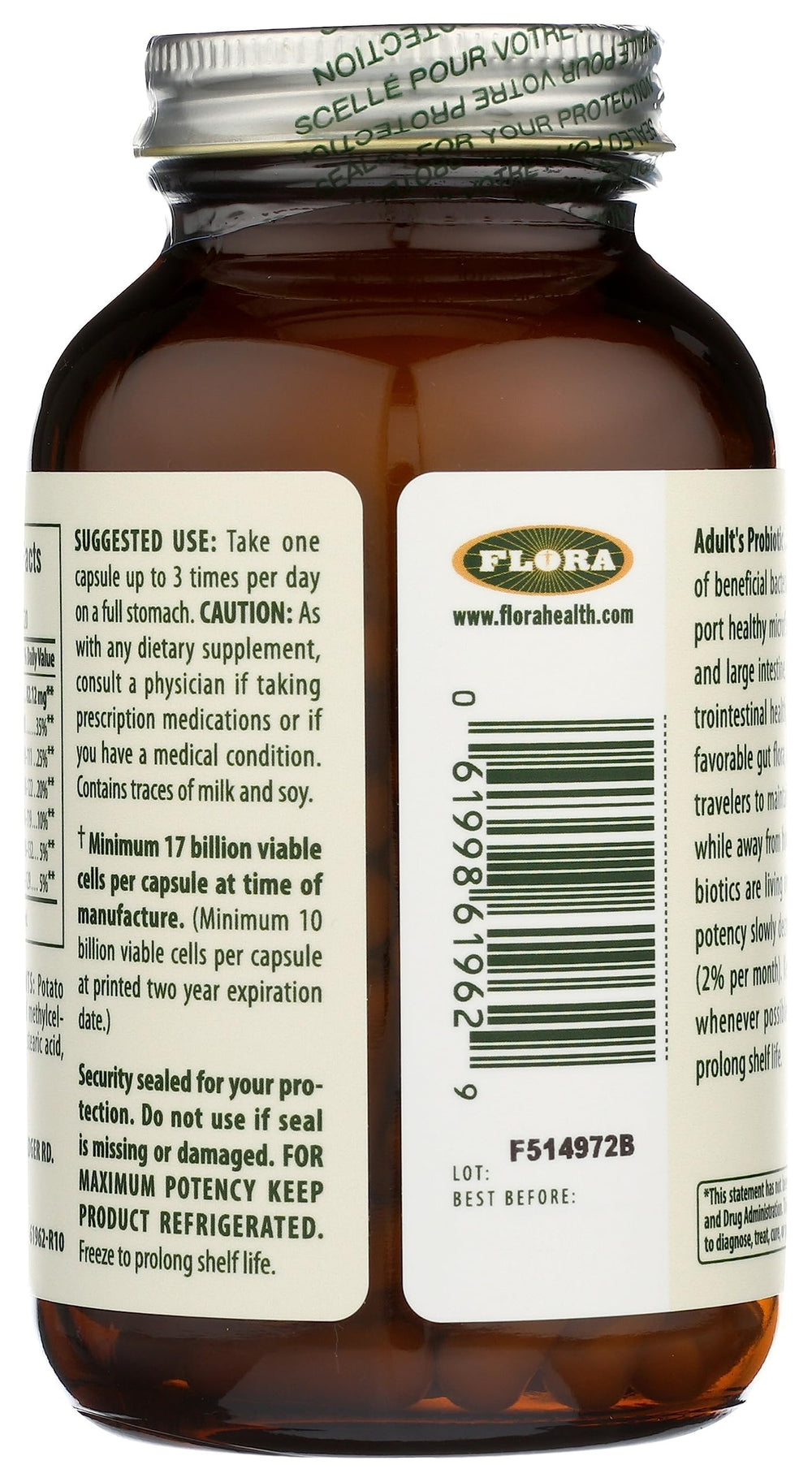 Graphic showing six probiotic strains in Flora Adults Probiotic