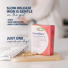 Flora Ferritin+ bottle with capsules visible