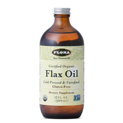 Flora Flax Oil in a 17 oz amber glass bottle
