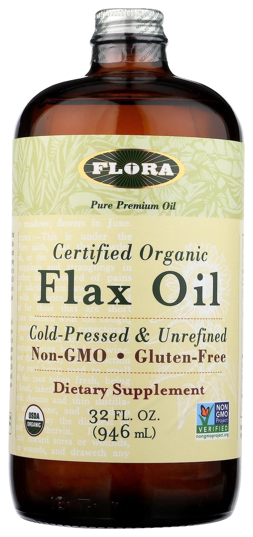 Flora Flax Oil 32 oz amber bottle on kitchen counter