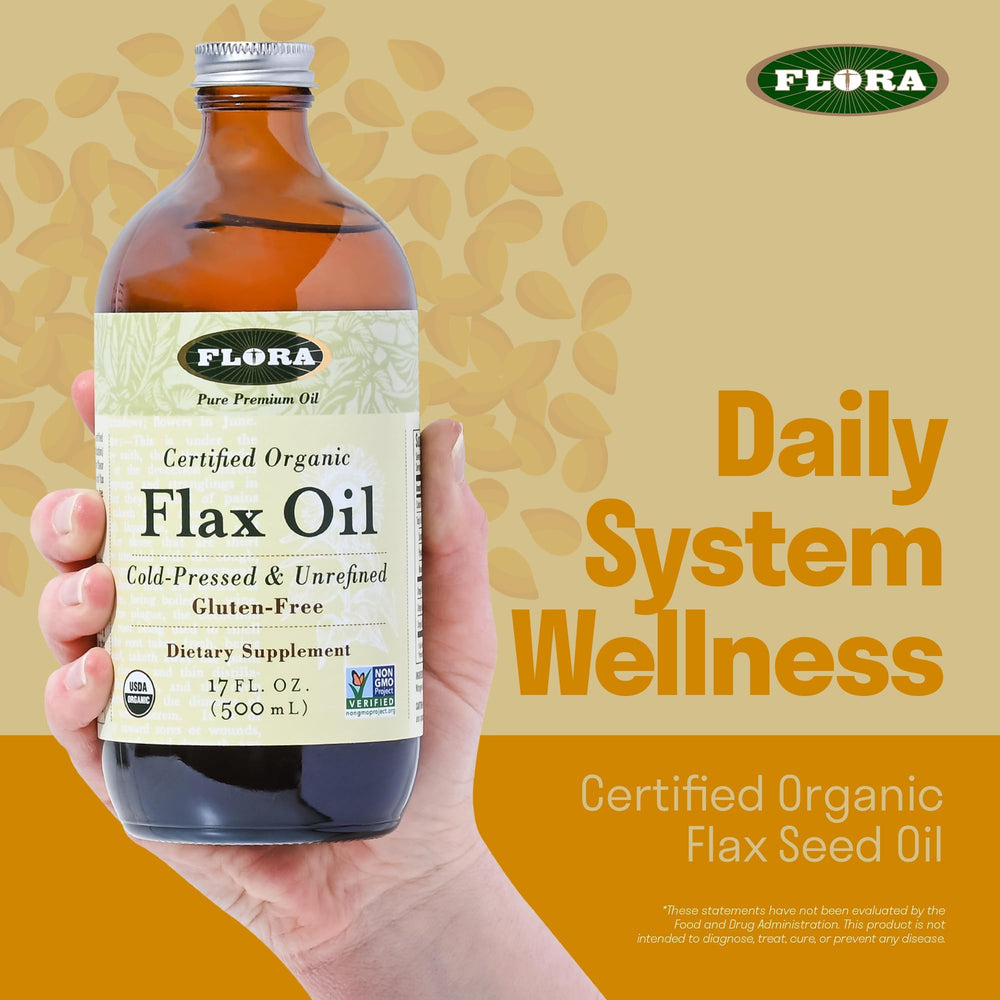Organic, Non-GMO, Gluten-Free seals on Flora Flax Oil label