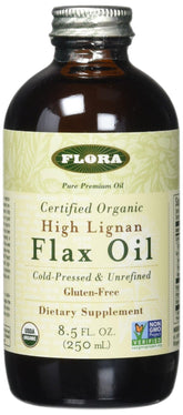Flora Health Organic High Lignan Flax Seed Oil in a 17 oz glass bottle