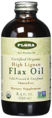 Flora Health Organic High Lignan Flax Seed Oil in a 17 oz glass bottle
