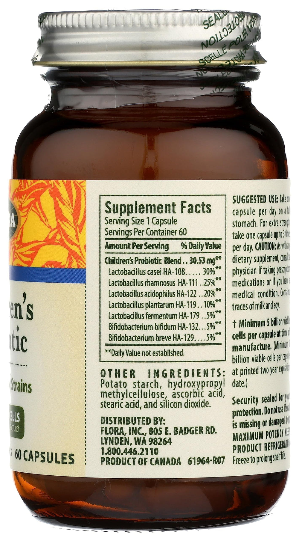 Close-up of Flora Children's Probiotic capsule showing 5 billion CFU