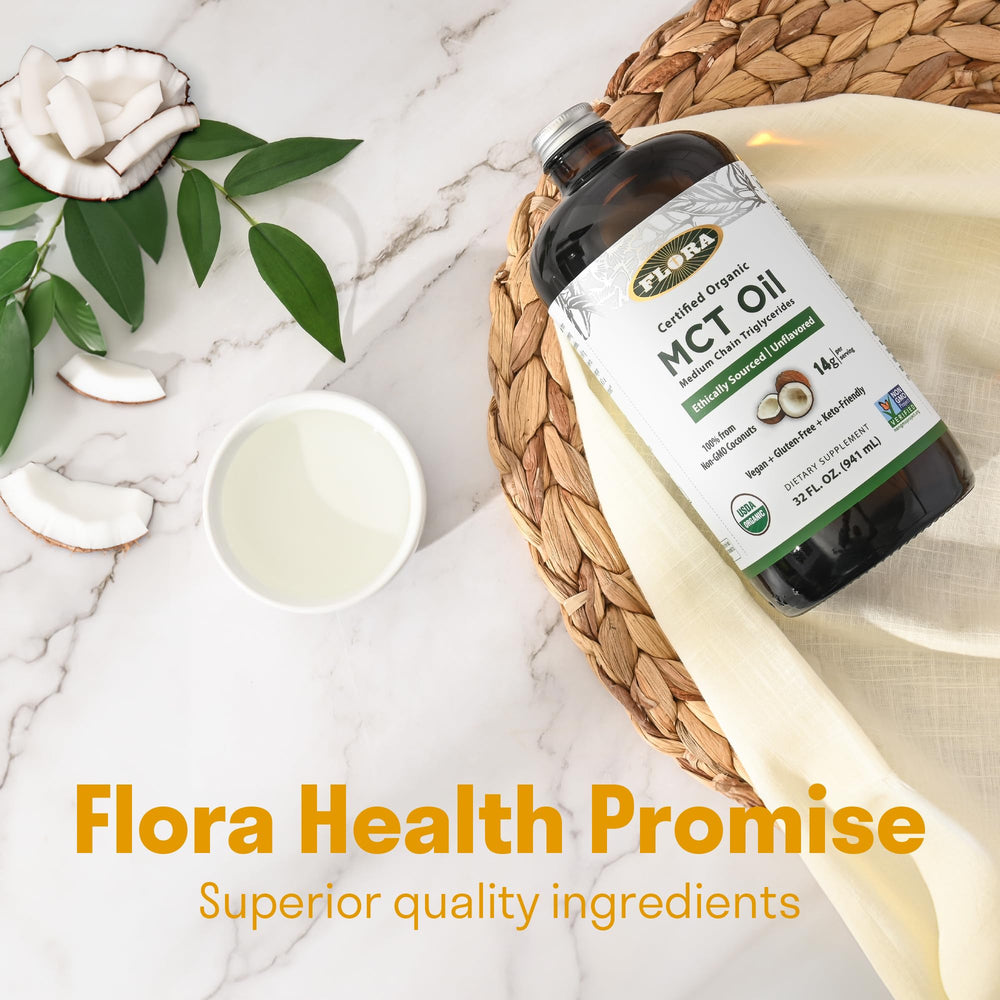 Flora MCT Oil packaging: vegan, non-GMO, gluten-free