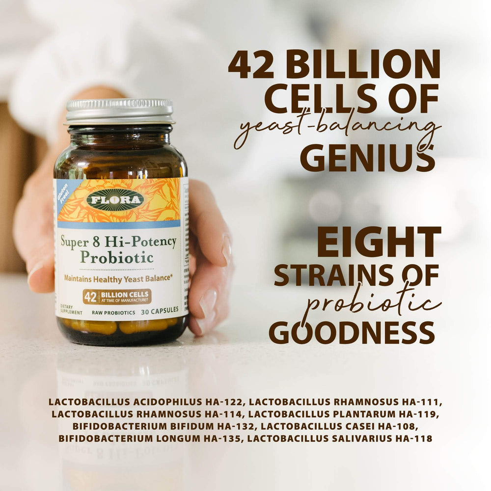 Back nutrition label of Flora Super 8 probiotic bottle