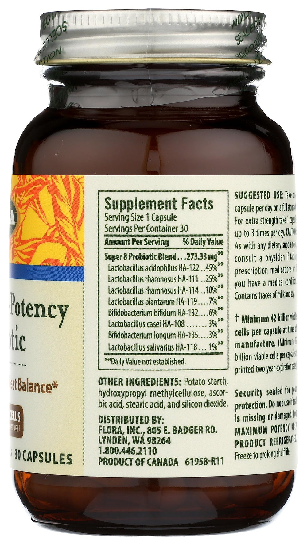 Flora Super 8 probiotics bottle back with dosage information
