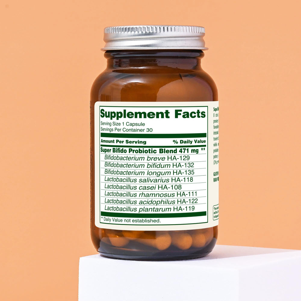 Bottle and label of Flora Super Bifido Plus with product details