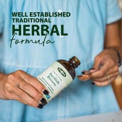 Packaging details of Flora Swedish Bitters in amber glass bottle