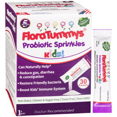 Front of FloraTummys Kids Probiotics 30 taste-free powder packets