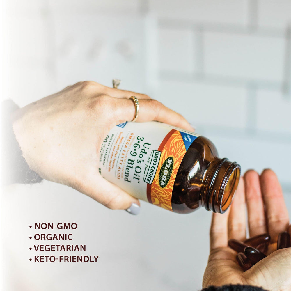 Environmentally friendly glass bottle packaging for Flora Health Udo's Oil