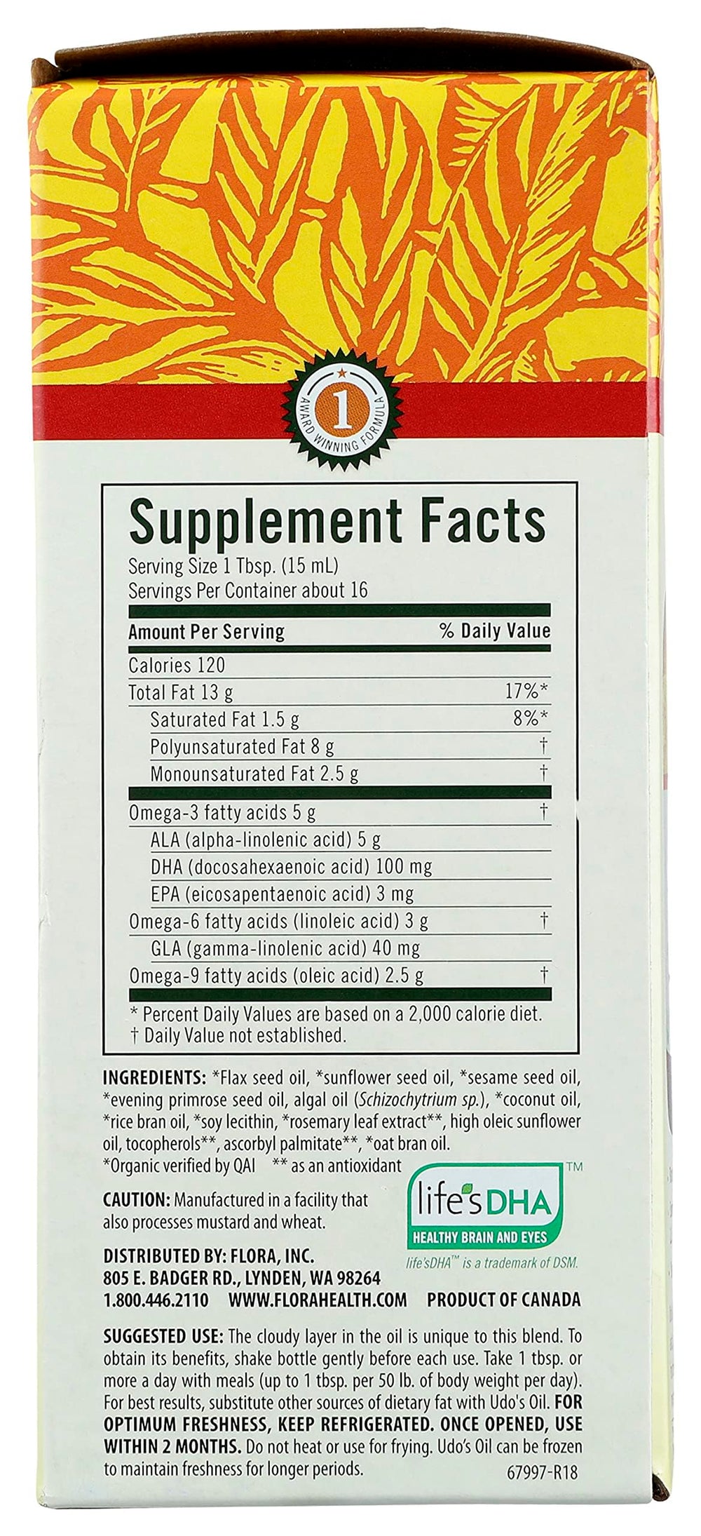 Front view of Flora Udo's Oil 17 oz bottle