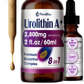 Front view of FloraBliss Urolithin A liquid drops bottle