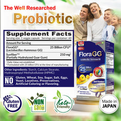 Vegan, gluten-free, shelf-stable FloraGG probiotic bottle for all ages