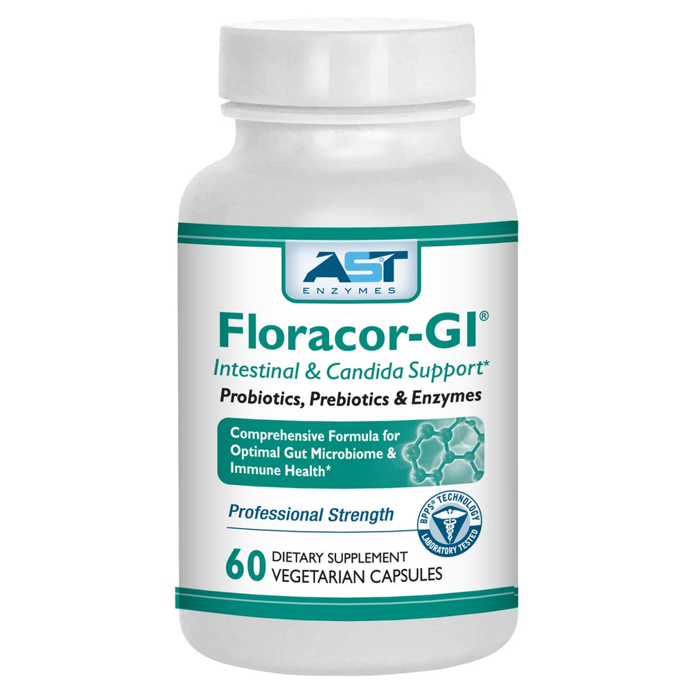 Floracor bottle and capsules on a clean background