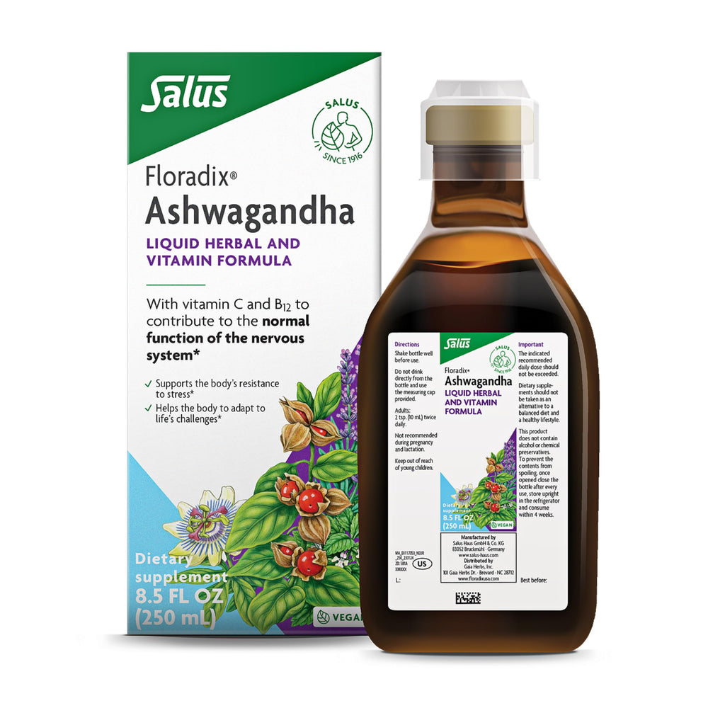 Front view of Floradix Ashwagandha Liquid bottle