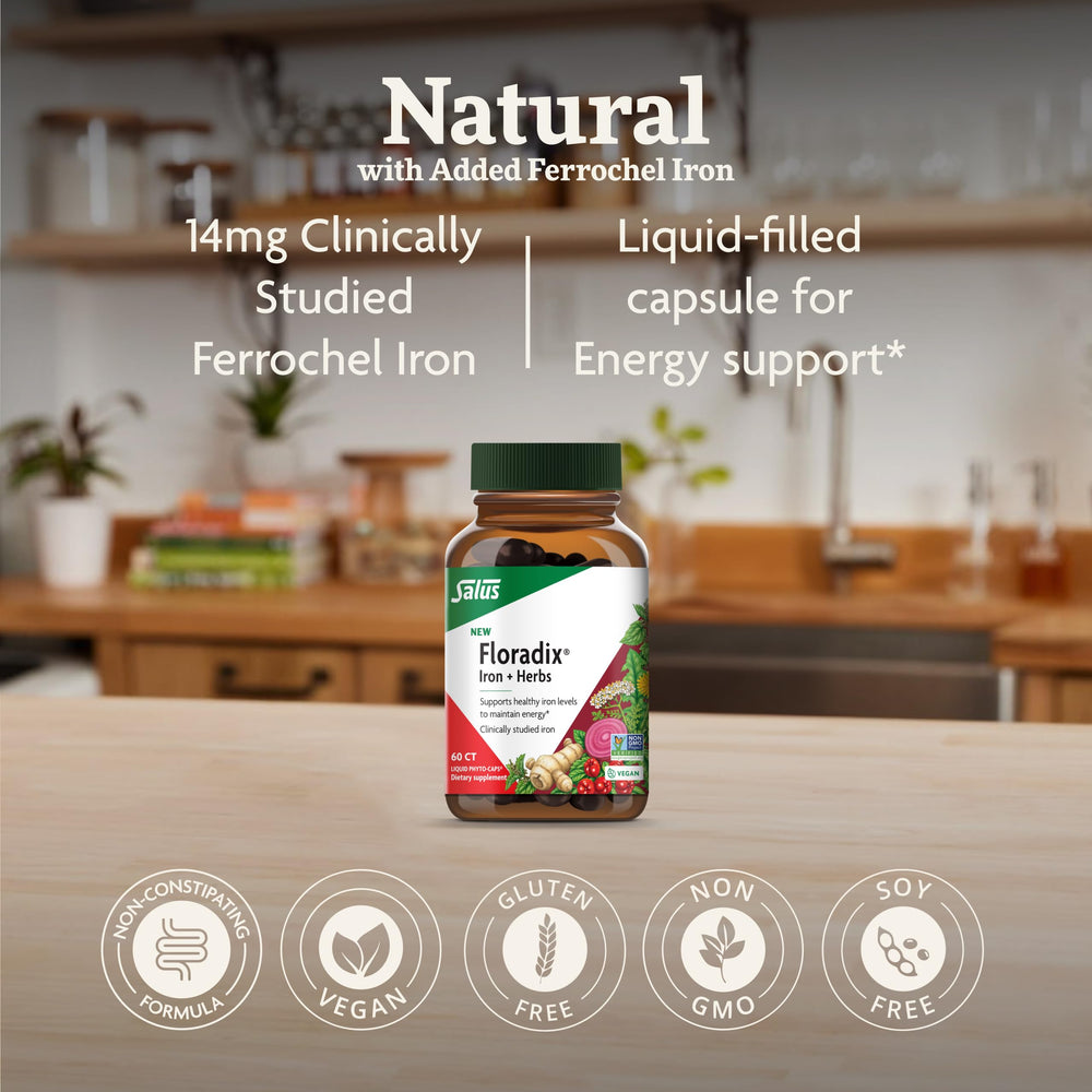 Ingredients panel and label of Floradix Iron + Herbs